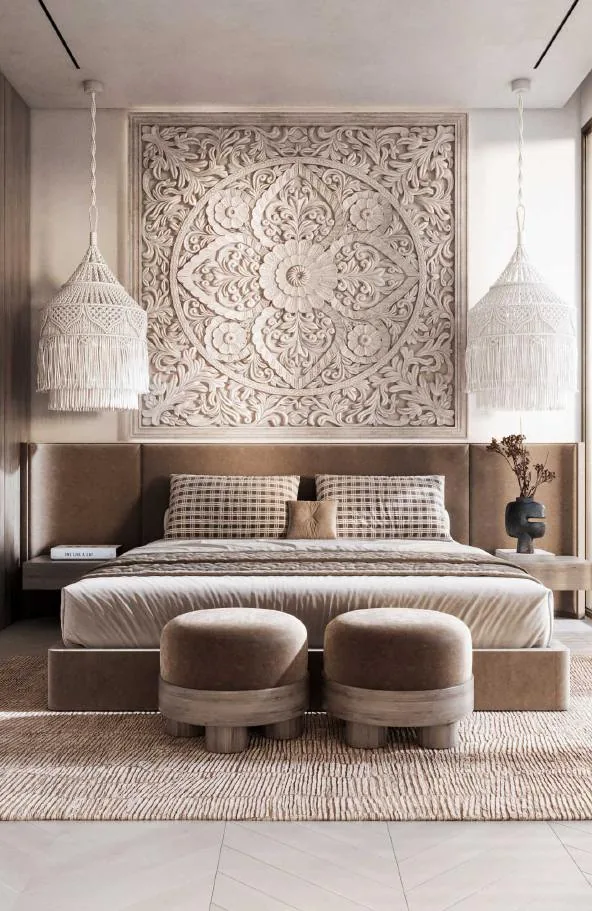 Bedroom interior at Sunny Moon Village (illustrative render)