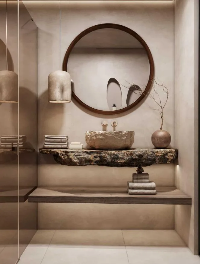 Villa bathroom with stone basin (illustrative render)