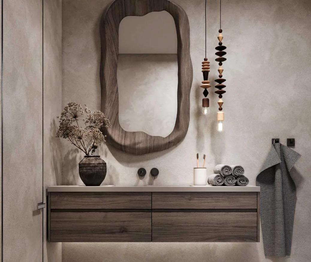 Bathroom with natural materials (illustrative render)