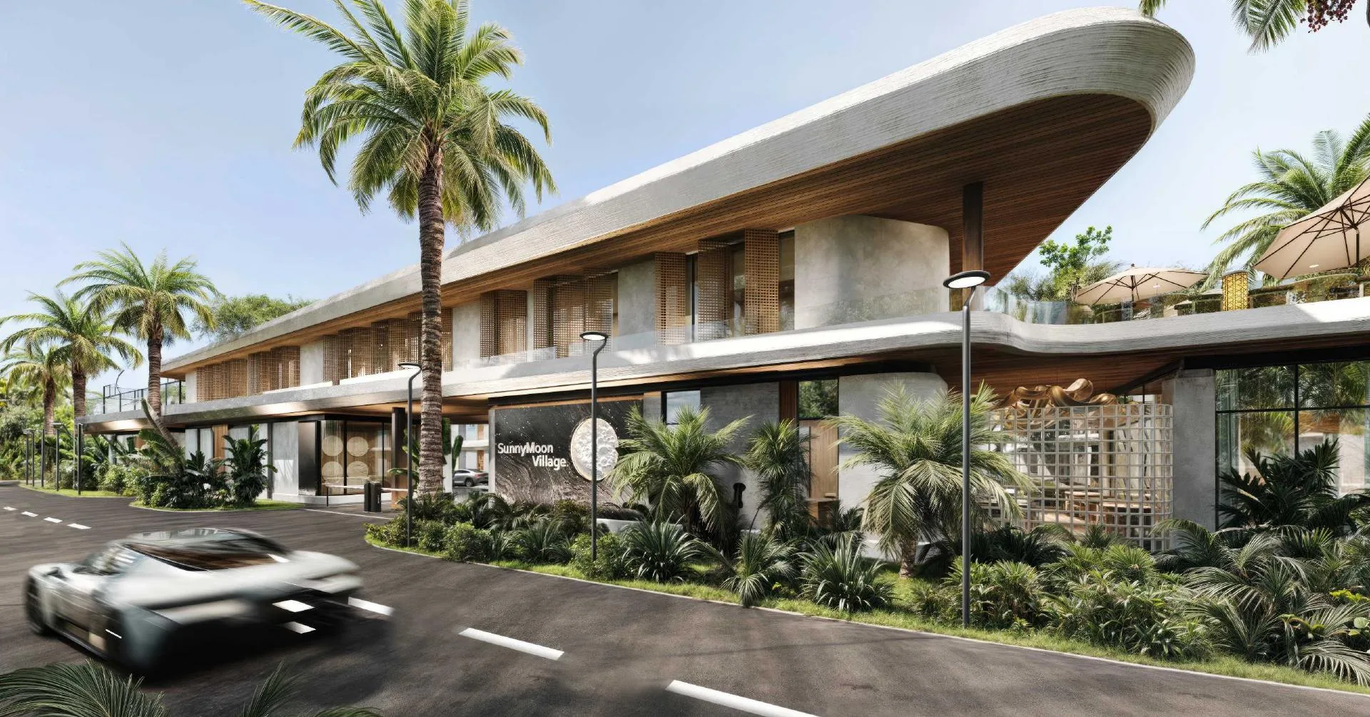 Sunny Moon Village in its tropical setting (illustrative render)