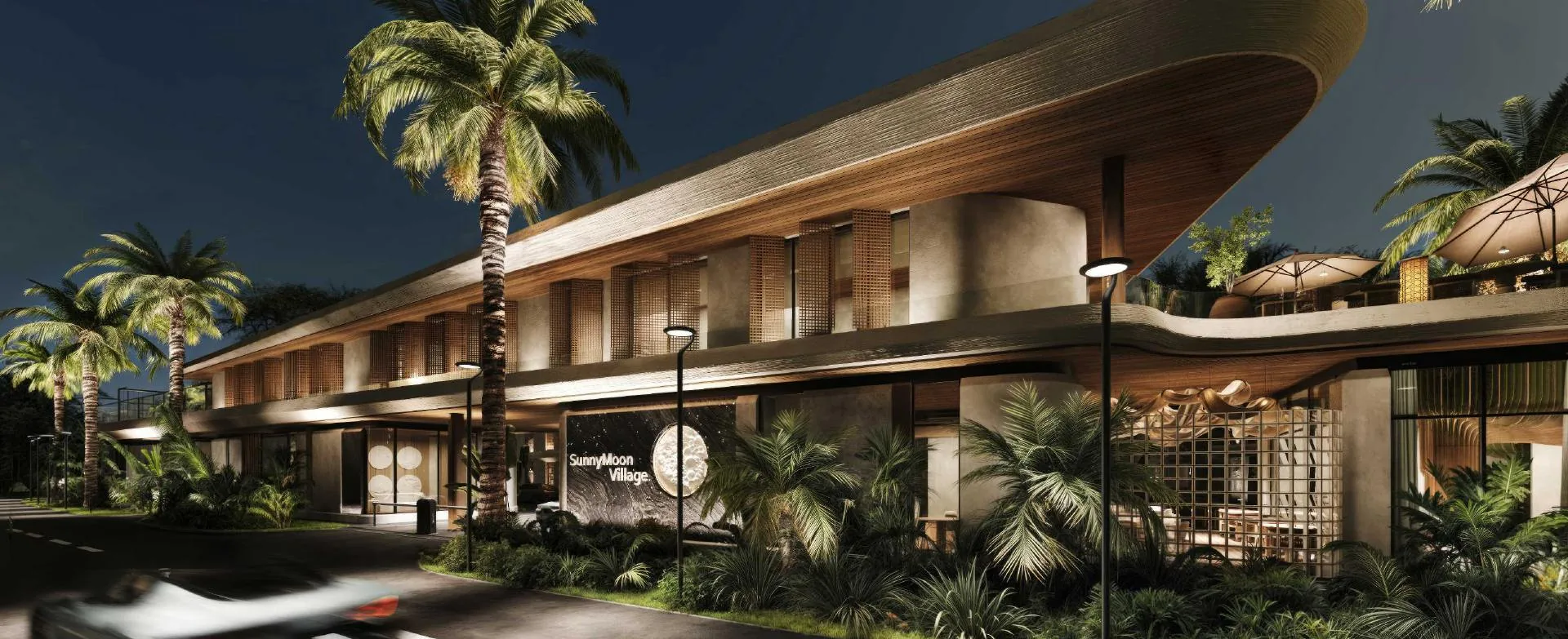 Sunny Moon Village entrance at dusk, Nai Harn, Phuket (illustrative render)