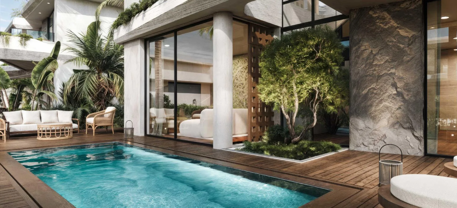 Private pool and sunbathing terrace at Sunny Moon Village (illustrative render)